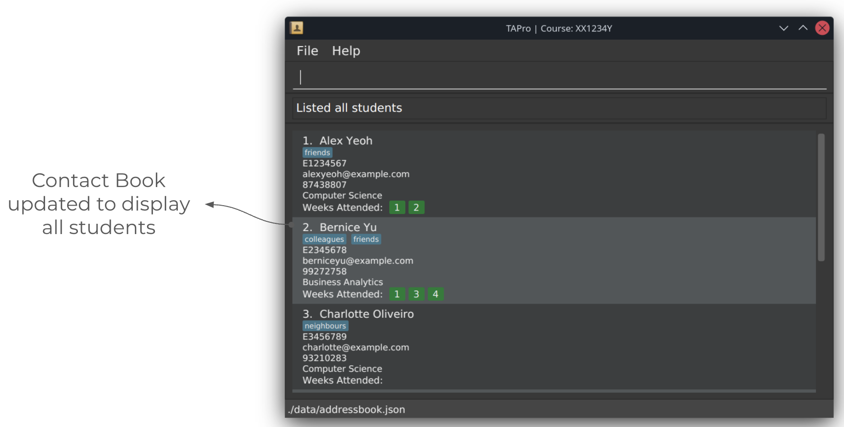 after running list student command